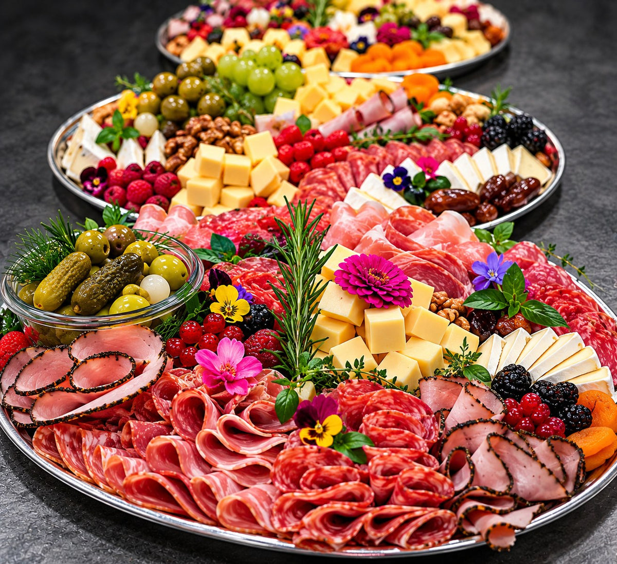 Cold cut and cheese platters with colourful fruit