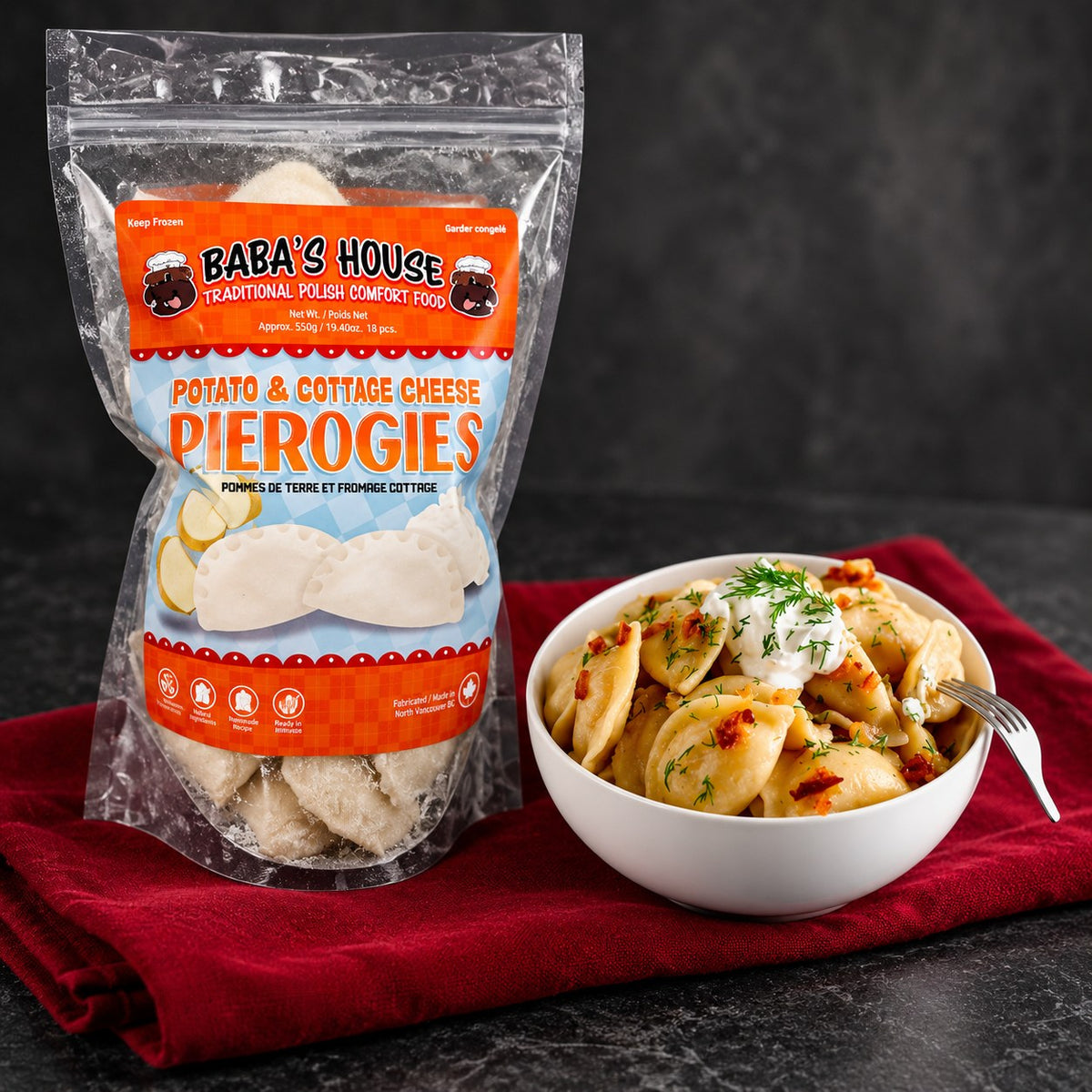 Packaged potato and cottage cheese pierogies beside a prepared serving