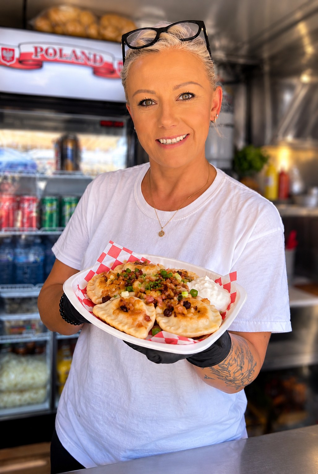 Woman holding a plate of pierogies inside Baba’s House food truck